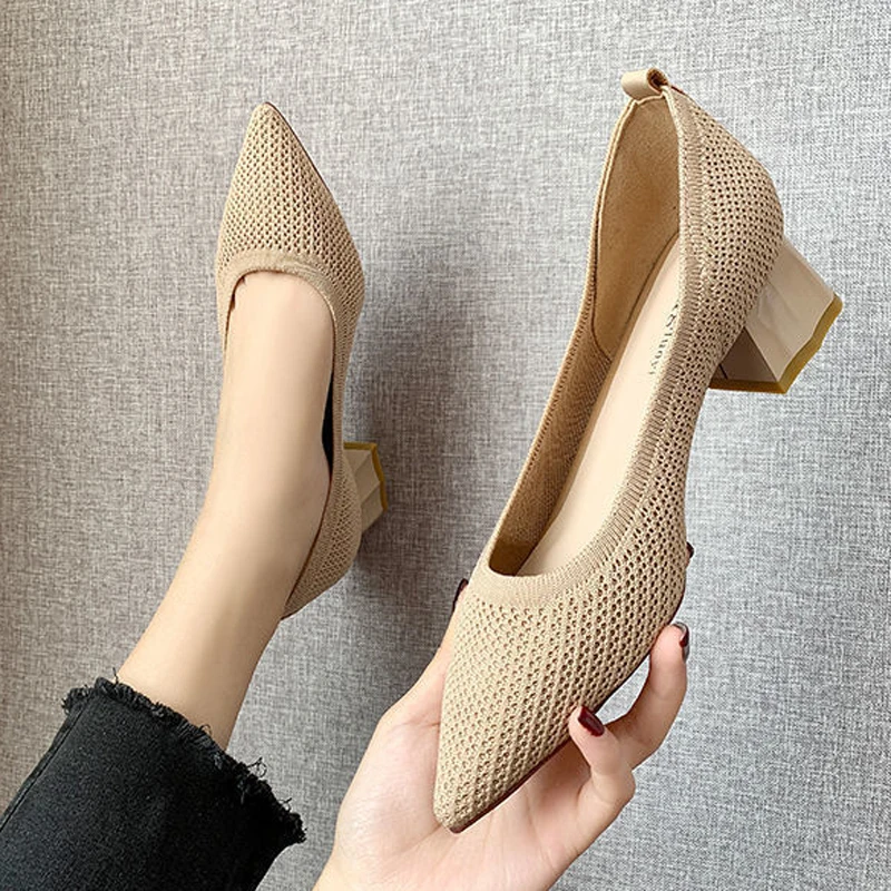 Chunky Heel Stretch Knitted Pumps Shoes Women's Shallow Flats High Heels Dress Shoes Pointed Toe  Mesh Breathable Cozy Shoes 