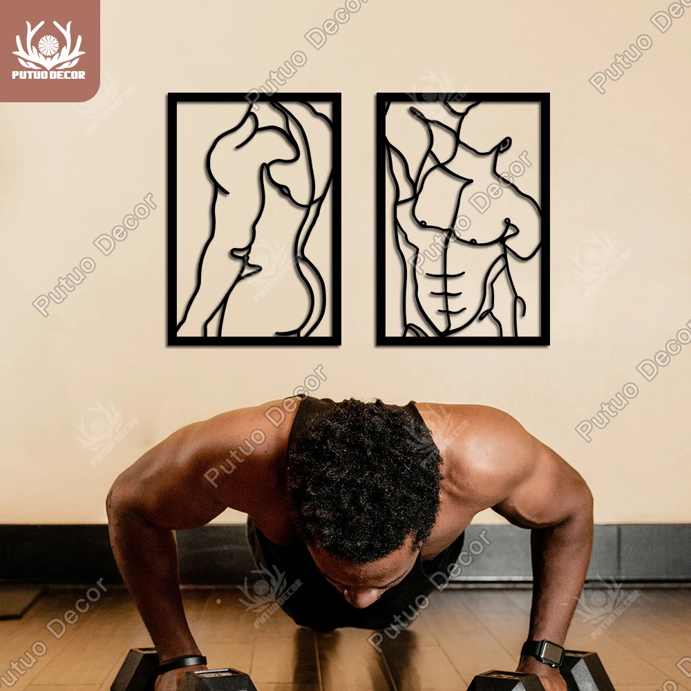 

Putuo Decor Black Wooden Male Body Wood Plate Naked Men Shape Line Art Sculpture Hanging Sign for Living Bedroom GYM Wall Art