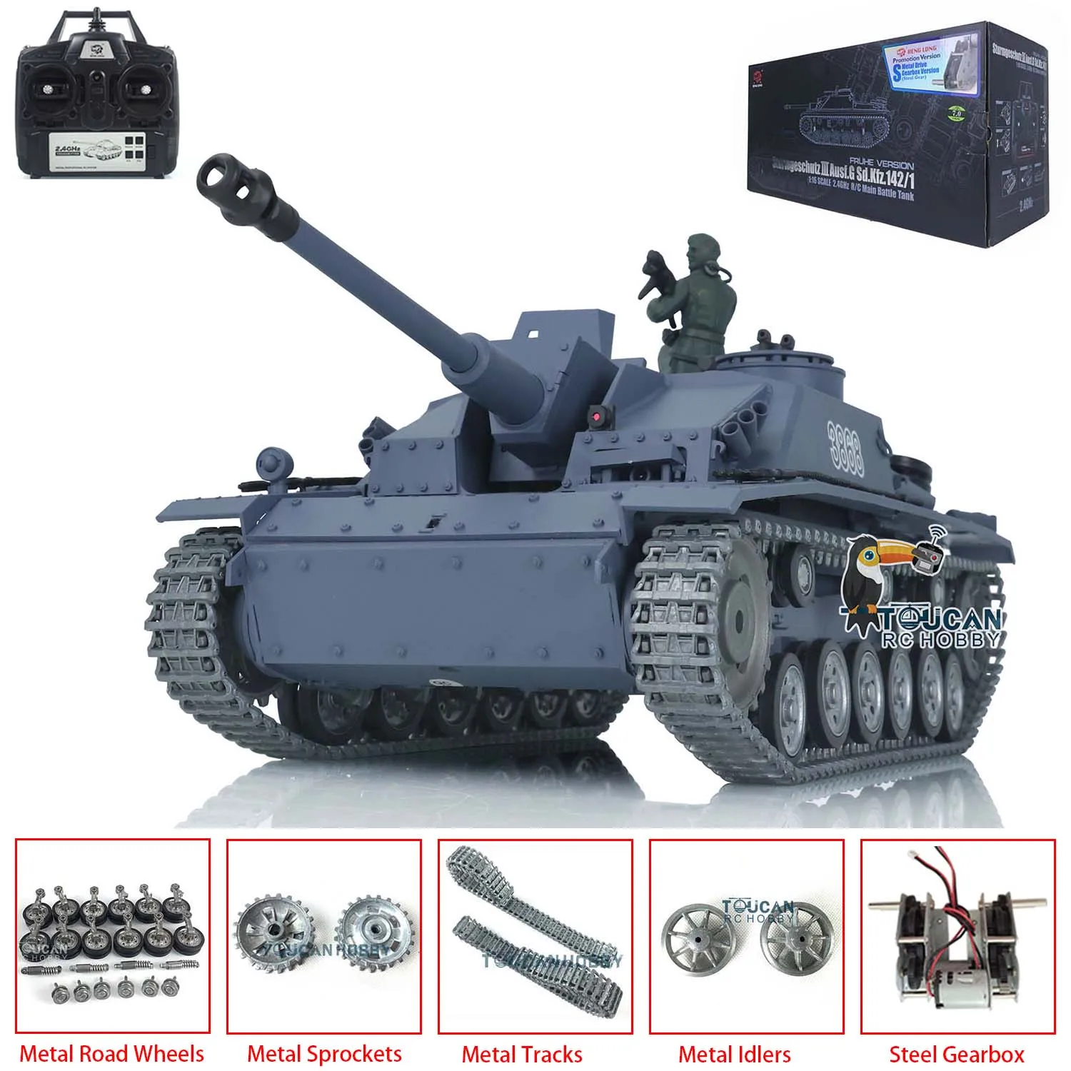 헝롱 1/16 스케일 7.0 커스텀 스투그 III RTR RC 전투 탱크 3868 모델 금속 트랙 휠 자동차 팬저 장난감 (남아용) TH17423