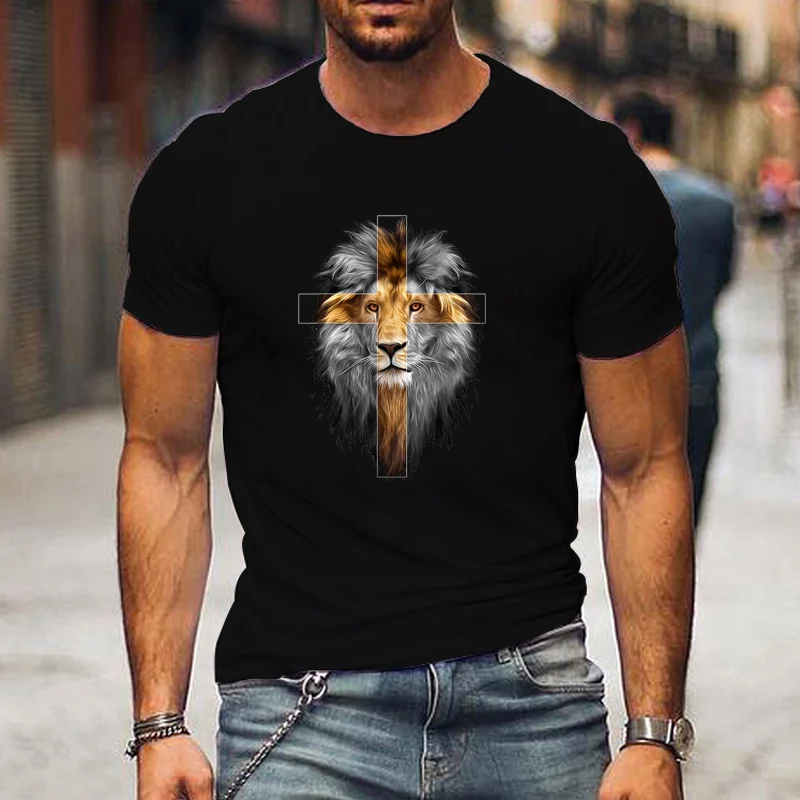 

Men's Lion Head Cross Cool Graphic Printed T-Shirt Men's Outdoor Street Jesus Cross T-Shirt Tops