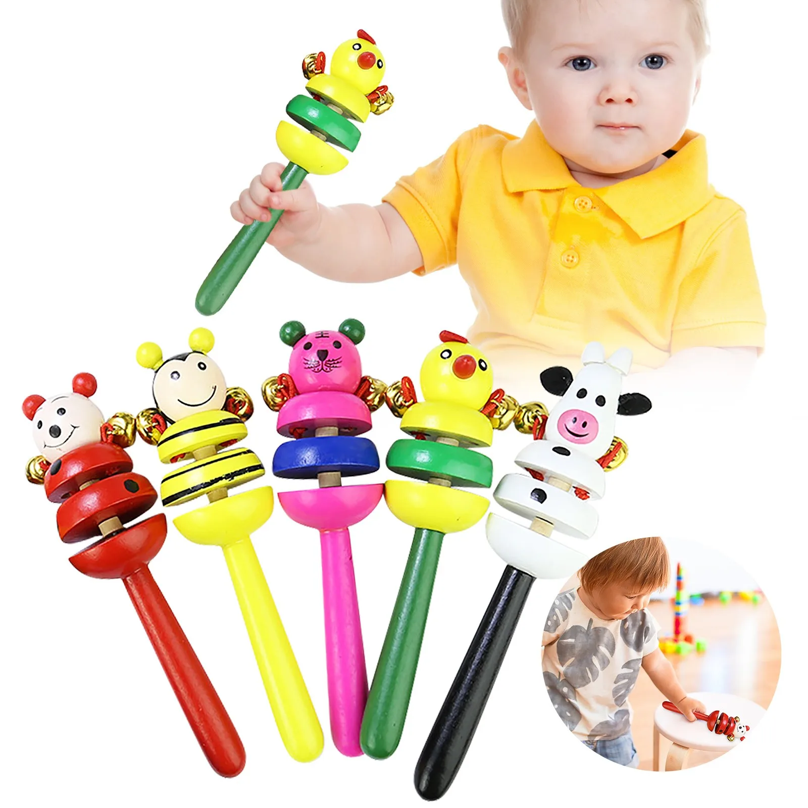 

1pc Colorful Animal Rattle Infant Baby Kids Handbells Musical Developmental Educational Toy Wooden Funny Gamdes Toys Bed Bells