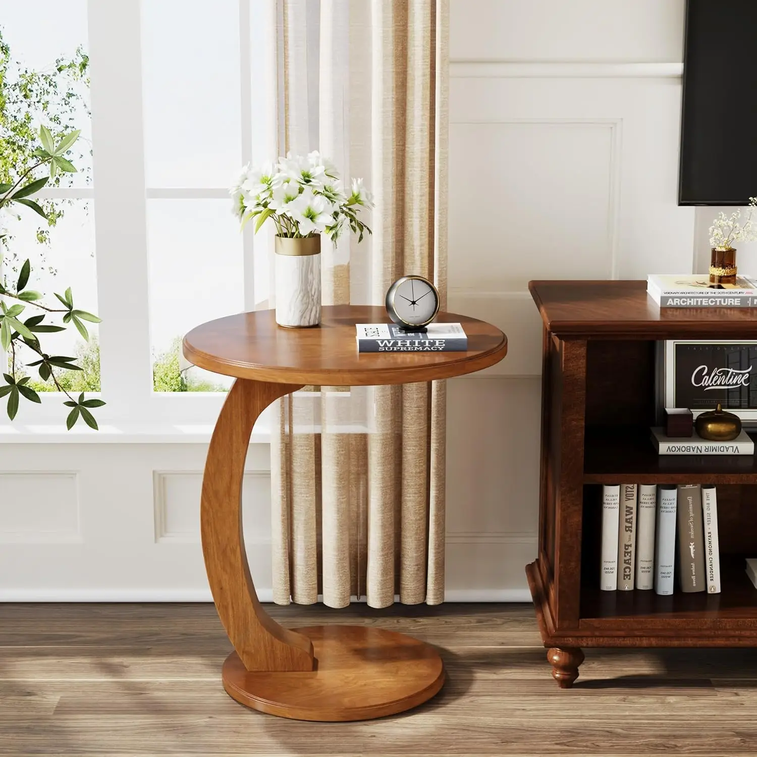Solid Wood C-Shaped Side Table, Small Couch Side Table, Mid-Century End Table, Retro Side Table, Boho Side Table for Living Room 5