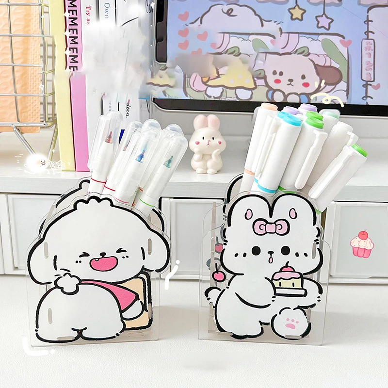 Cute Puppy Acrylic Pen Container Students Transparent Pen Holders Desktop Stationery Organizer Storage Bucket