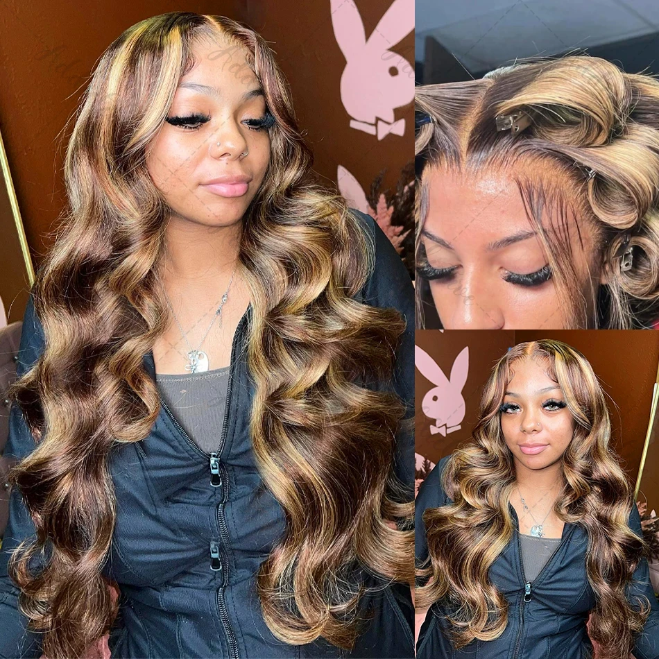 30 Inch Colored Highlight Human Hair Wigs Body Wave Lace Front Wig For Women Brazilian Pre Plucked 13x4 Transparent Hair Wigs 4