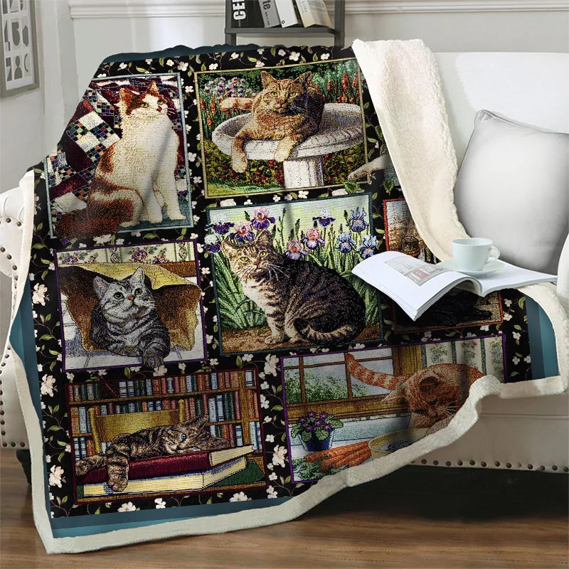3D Cartoon Cat Print Sherpa Blanket Bedspread Plush Soft Warm Throw Blankets For Beds Sofa Home Decor Travel Picnic 