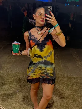 Satin Floral Printed Black Lace Tirm Patchwork Dress Sexy V-neck Sleeveless Mini Robe Women Summer Party Vacation Gowns 2026 New