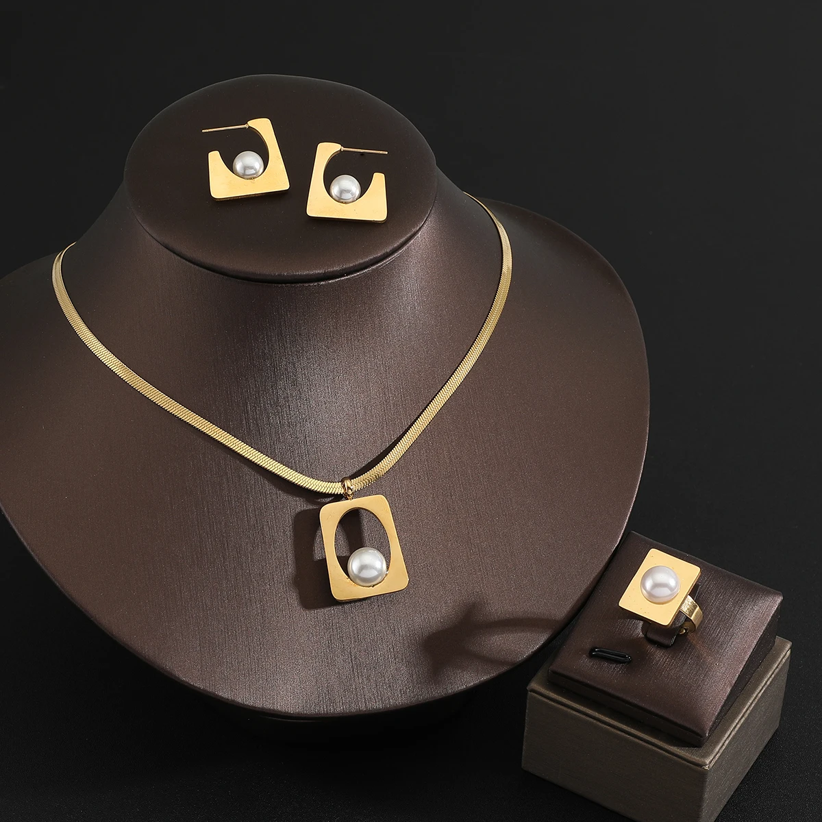 Women's gold Color Stainless steel Wedding Jewelry Luxury Pearl pendant Necklace+ earring+ rings Ladies Jewelry Sets for Bridal 2