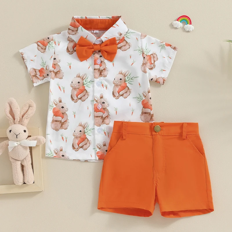 0-4Y Toddler Boys Easter Outfits Carrot Rabbit Print Bow Tie Short Sleeve Shirts Tops and Shorts Sets Kids Summer Clothes 3
