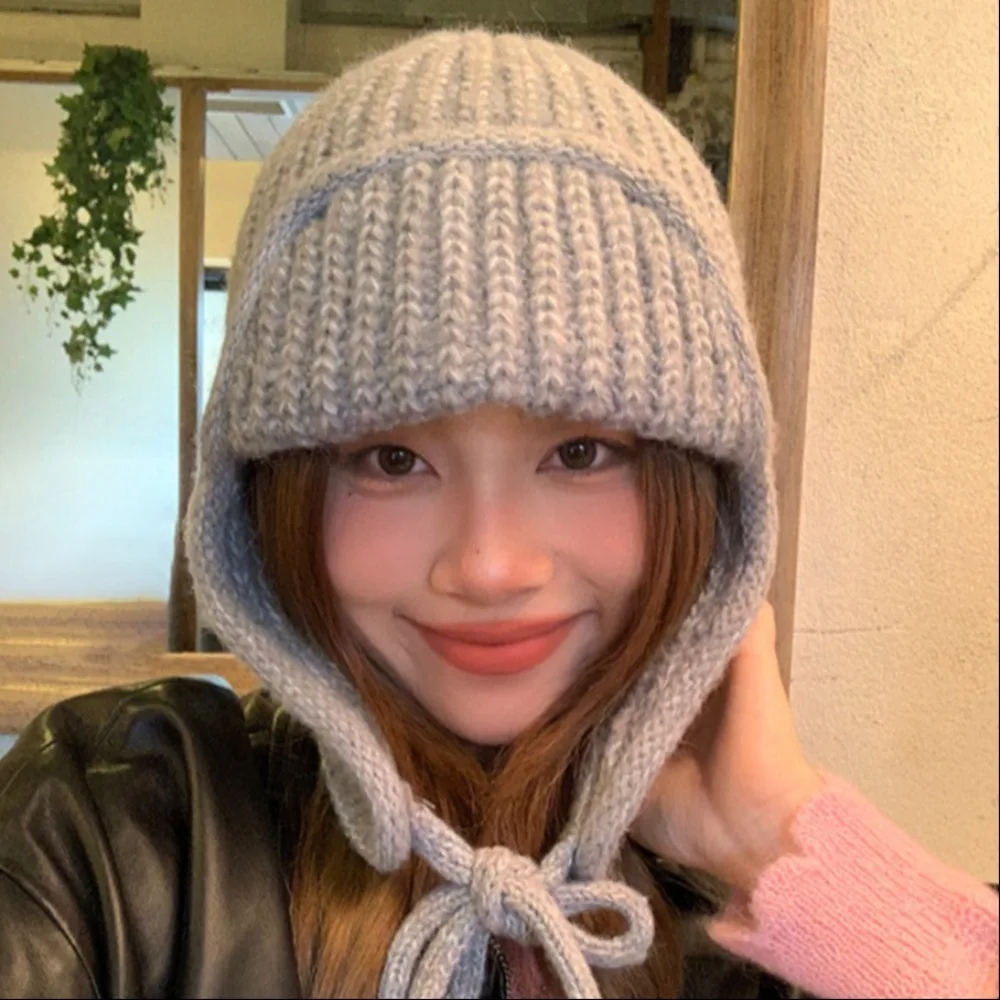 

Solid Color Winter Warmer Hats New Ear Protection Knitting Knitted Hooded Caps Elastic Knitted Wool Flying Hat