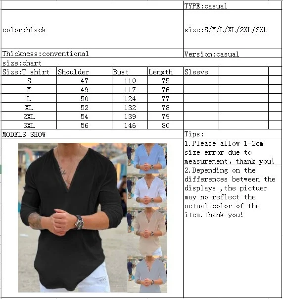 New men's shirt V-neck casual solid color T-shirt 2023 men's cotton linen shirt long sleeves_voghion.com