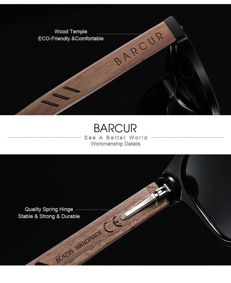 BARCUR Black Walnut Sunglasses for Men Wood Sun Glasses Man Eyeglasses Polarizing Glasses UVA&B Protection Eyewear ECO-Friendly