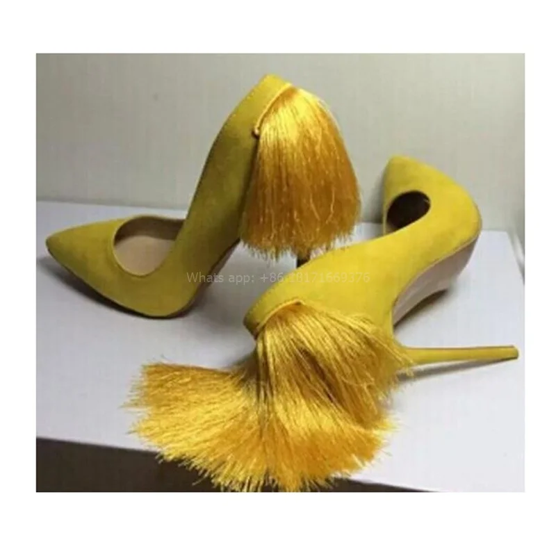 

Fashion Pointed Toe Suede Sexy Fringe Pumps Lady Slip on Stiletto High Heel Sandals Dress Design Shoes 2024 Show