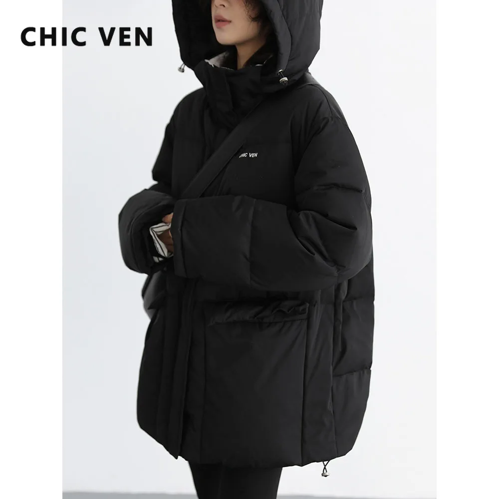 

CHIC VEN Women Down Coat Contrast Collar Solid Thick Detachable Hooded 90 White Duck Down Female Down Jacket Winter 2023