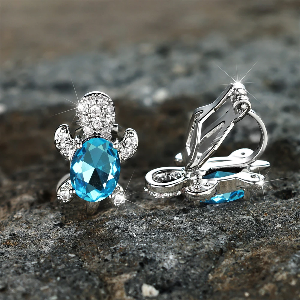 Cute Female White Oval Turtle Stone Clip Earrings Charm Silver Color Wedding Jewelry For Women