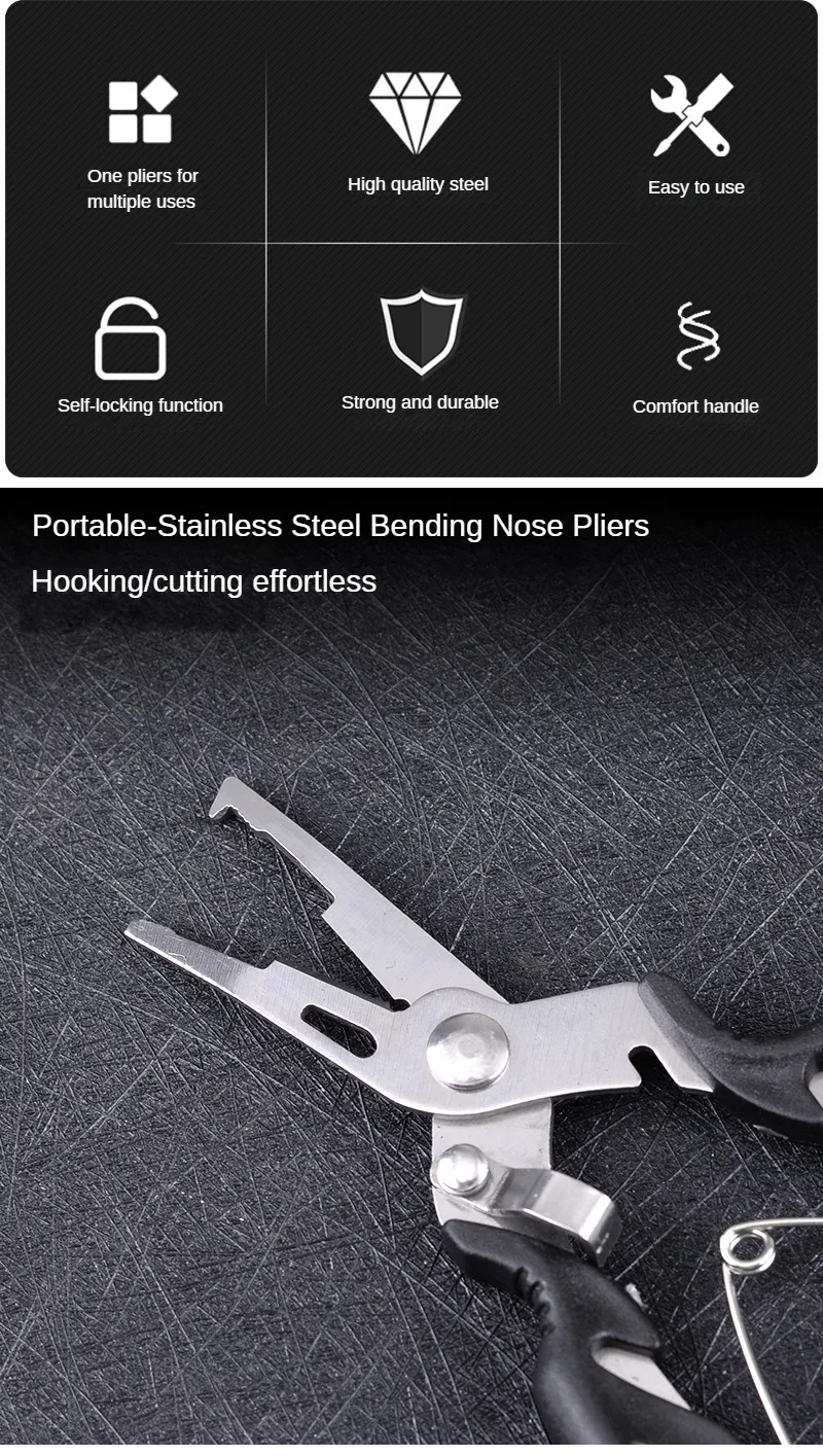 Description Picture 4 of itemMultifunctional Curved Mouth Road Sub Pliers Cutting Lines Uncoupling Fish Hooks Opening Coils Outdoor Fishing Tools Plier