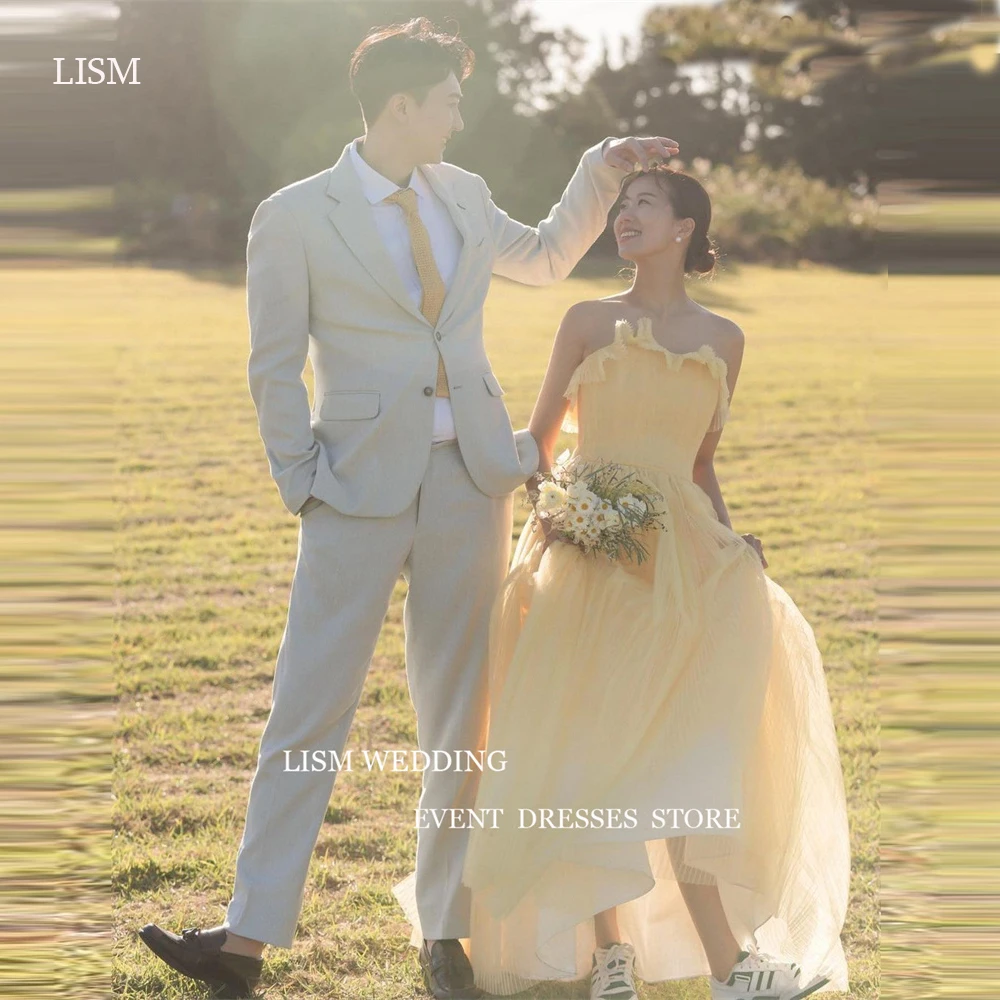 

LISM Simple Yellow Tulle Long Evening Dresses Wedding Photoshoot Korea Corset Back Prom Gowns Garden Party Formal Dress