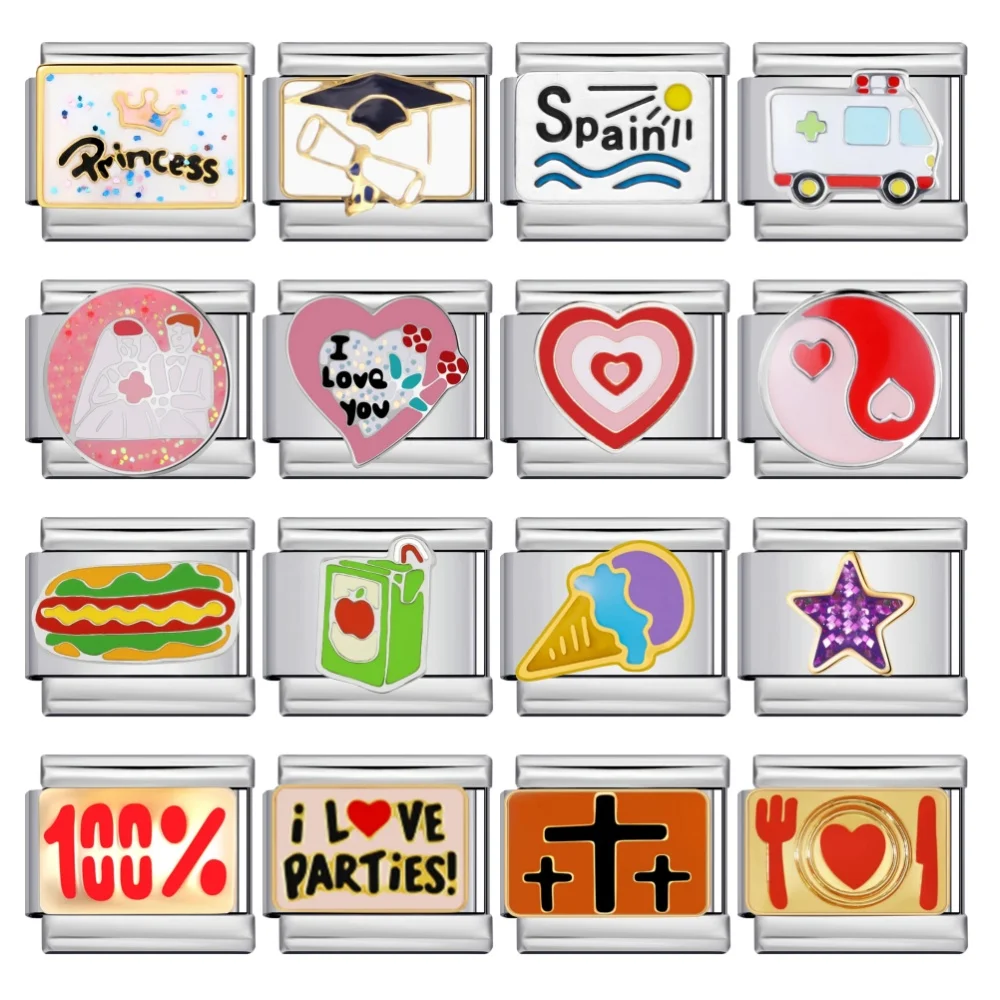 Bunte Glasur Stern Auto Kreuz Hamburger italienische Edelstahl Charms Links passen 9mm Schmuck machen Perlen DIY Armbänder Geschenke