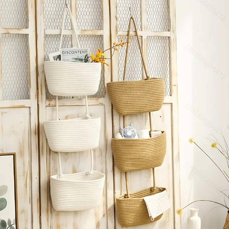 Woven Hanging Baskets 3 Tier Wall Mounted Storage Basket For Living Room