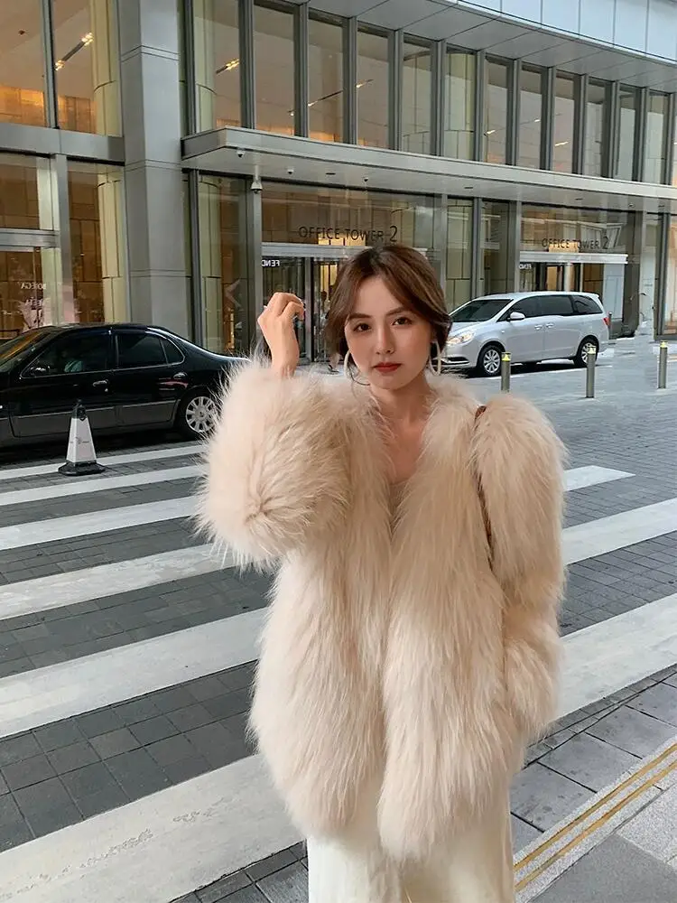 Fashion Double-Sided Woven Fur Women's Coat 2023 Autumn Winter Commute Style Real Fur V-neck Long Sleeve Slim Mid-Length Coat