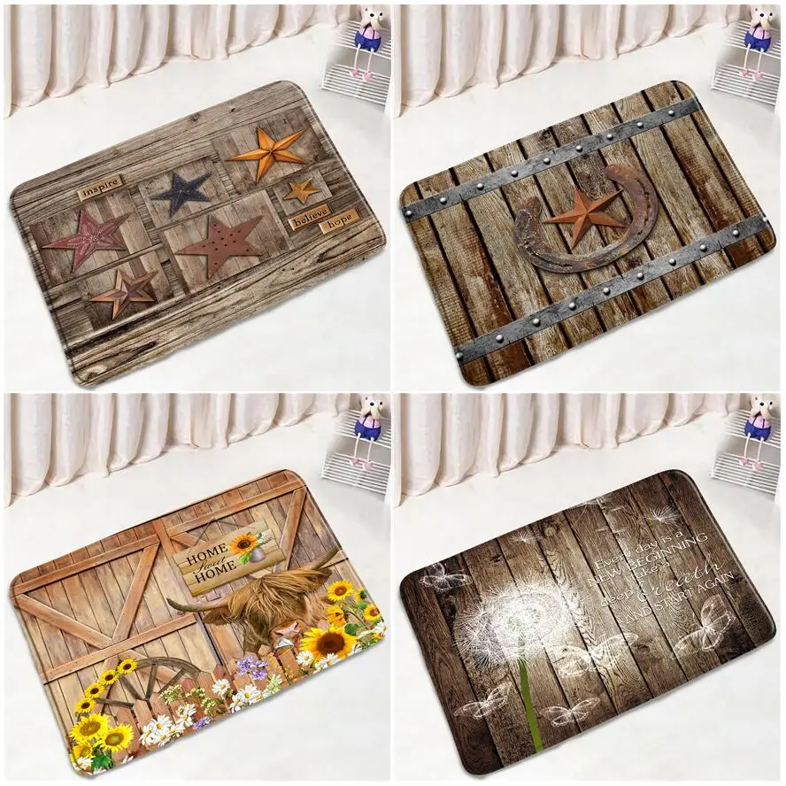 Vintage Farm Plank Tappetini Da Bagno Texas Star Wheels Highland Cow Girasole Dente Di Leone Stampa Retro Home Kitchen Bagno Decor Door Rug