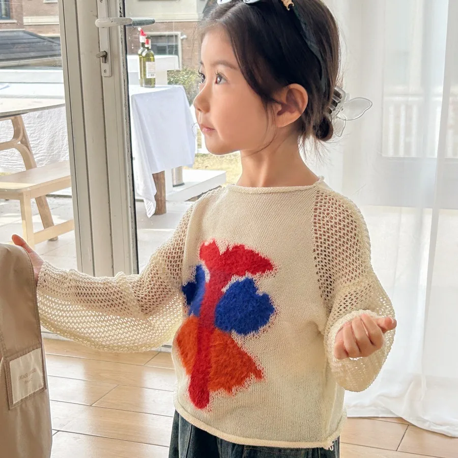 

Новинка для детей Ранняя весна 2024 Модный Топ с длинным рукавом граффити для девочек с нишевым дизайном, базовый вязаный свитер