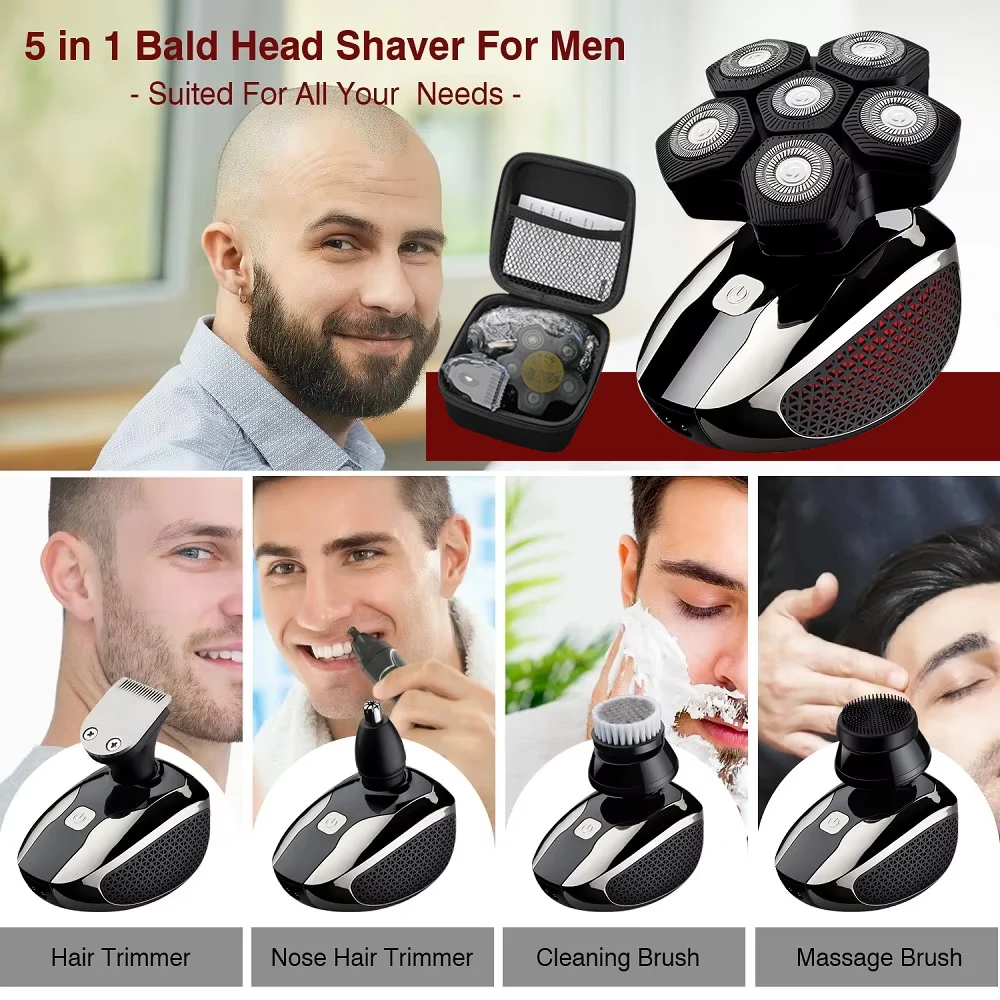 WAHFOX 5 in 1 head shaver electric razor for bald men trimmer nose hair sideburns clipper waterproof wet dry grooming kit hair clipper electric shaver hair trimmer electric razor