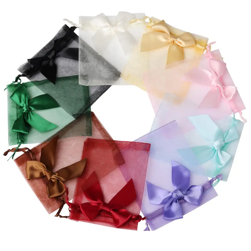 10 stücke/20 stücke 9x12 10x15 13x18 cm Neue Design Bogen Organza Beutel schmuck Süßigkeiten Verpackung Tasche Hochzeit Party Geschenk Lagerung Kordelzug Beutel