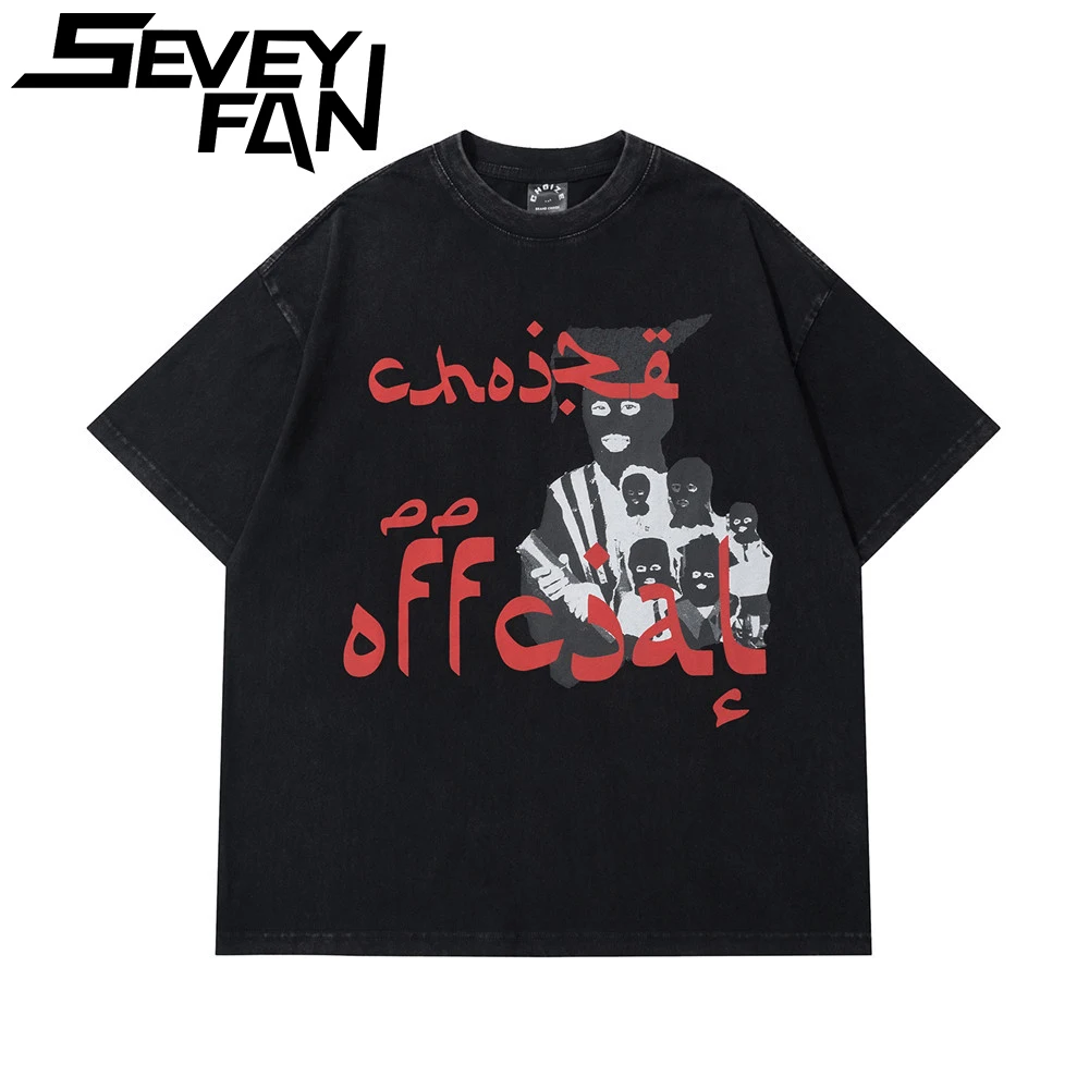 

Men's Tee Hip Hop Water Washed Mask Spoof Interest Short Sleeve T-shirt Hi Street Outwear Vintage Tops
