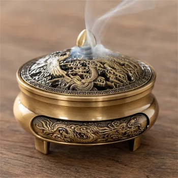 Antique Brass Hollow Dragon Phoenix Incense Burner Incense Mini Ornaments for Home Chinese Ancient Tea Desk Decor Indoor Perfume