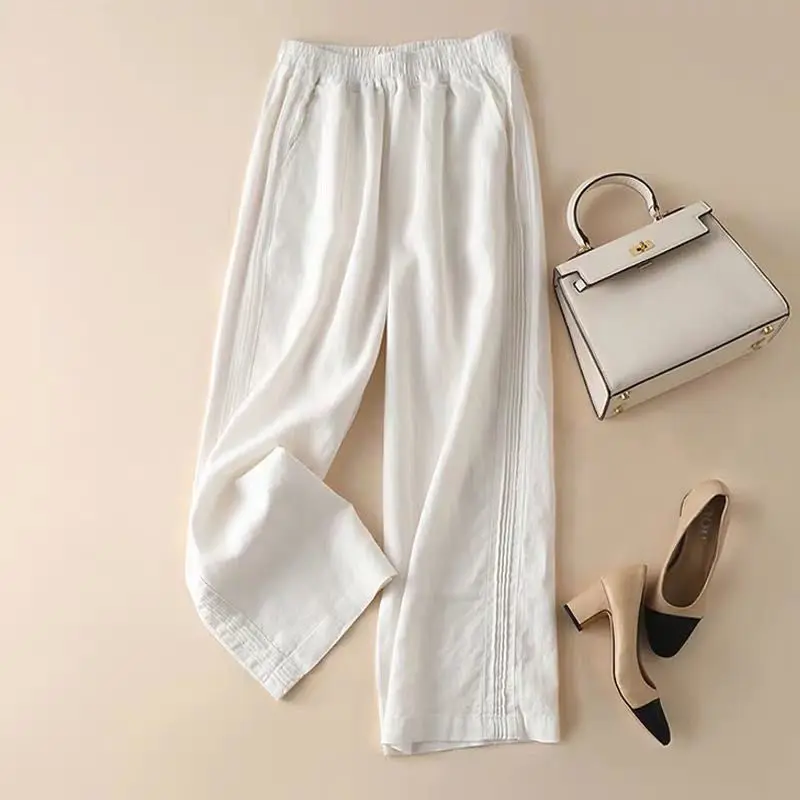 Pendant Cotton and Linen Female 2024 Summer Loose Casual Appear Thin High Waisted Thin Style Straight Cylinder Wide Leg Pants