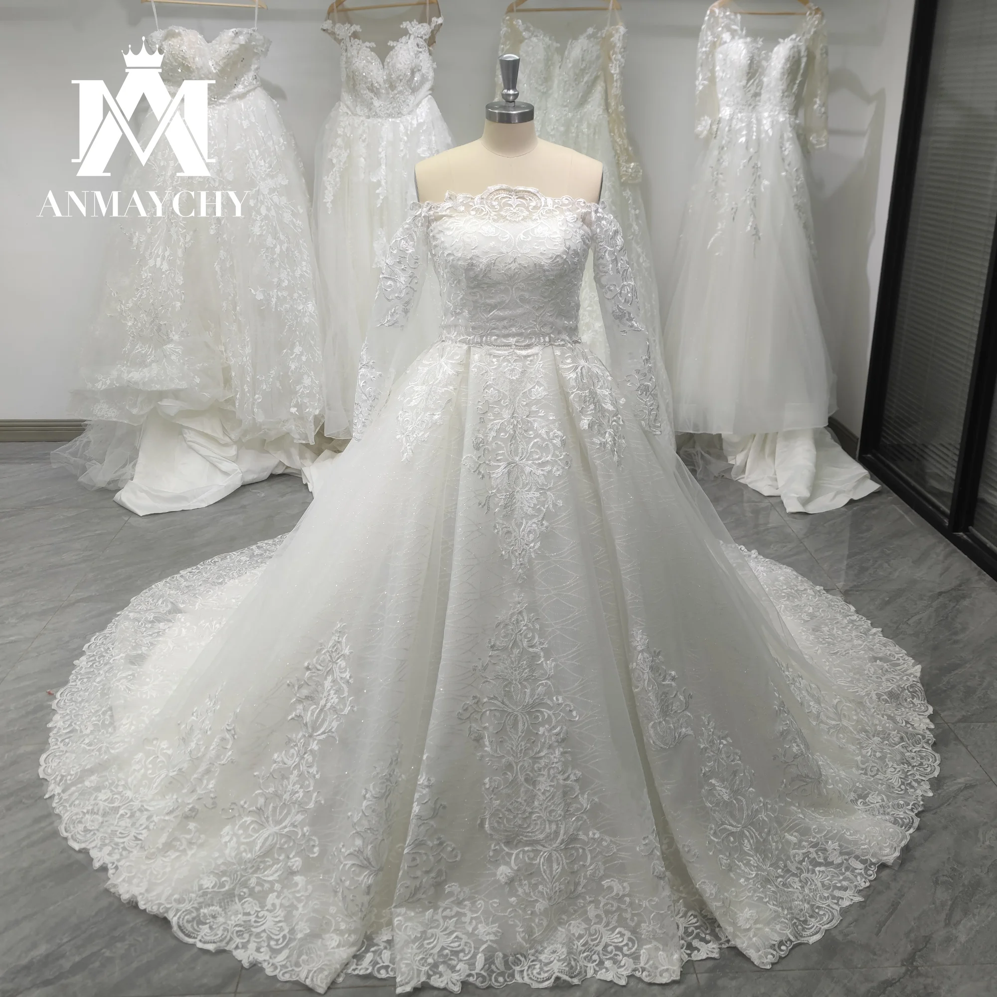 

ANMAYCHY Ball Gown Wedding Dress For Women 2023 With Long Sleeve Jacket Strapless Appliques Belt Wedding Gown Vestidos De Novia