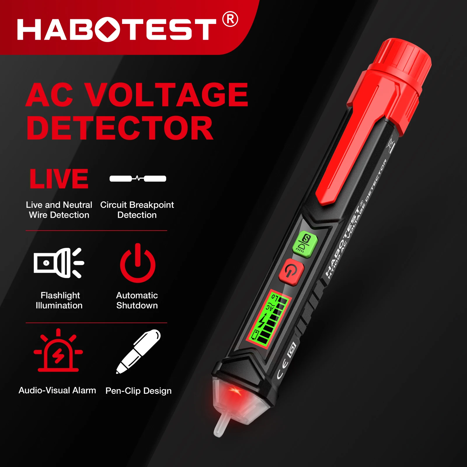 HABOTEST HT100 비접촉식 전압 감지기, 이중 범위 AC 12V-1000V/48V-1000V 전기 테스터, LCD 화면 및 음향 기능 포함