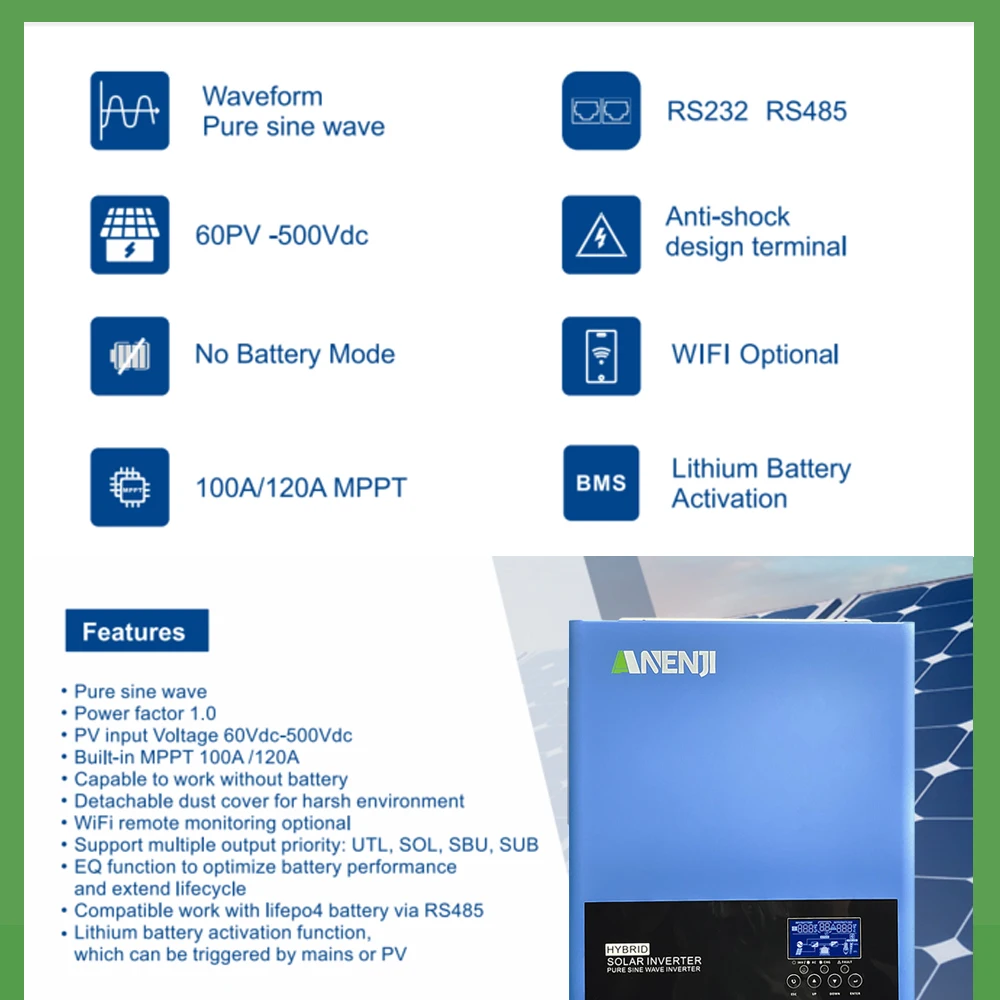 Description Picture 4 of item6.2KW Hybrid Solar Inverter 48V 230Vac On Grid Off Grid Pure Sine Wave Inversor PV 60-500V Built-in 120A Solar Charge Controller