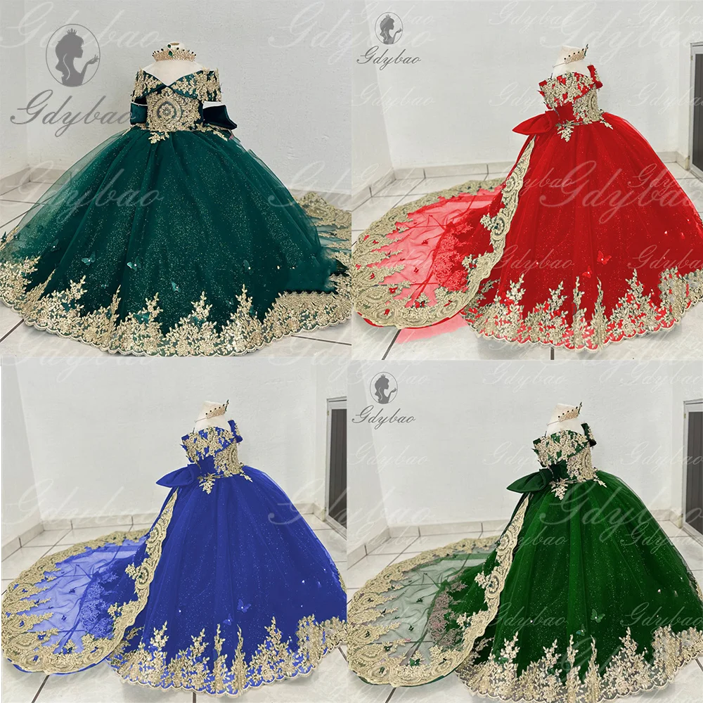 Flower Girls Dress Off The Shoulder Golden Appliques Children Birthday Party Gown flower girl dresses