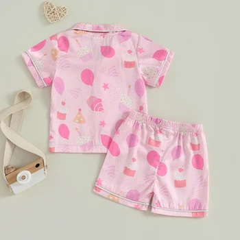 Children s Girls Pajama Set with Fun Cake and Balloon Print Short Sleeve Shirt Top and Shorts 2-Piece Lounge Suit for 4