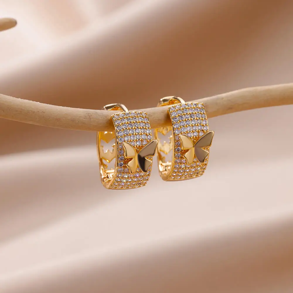 Cubic Zirconia Butterfly Earrings For Women Stainless Steel Gold Color