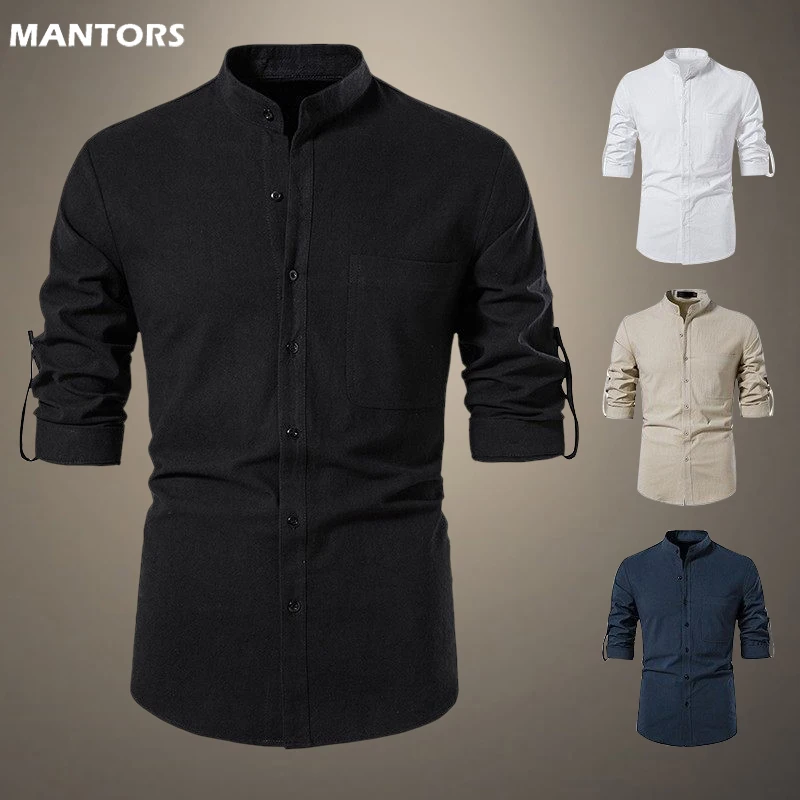 2023 Autumn Spring Men’s Long Sleeve Shirts Henry Collar Mens Casual Slim Business Shirts 85% Cotton Men Dress Shirt Bloose Tops