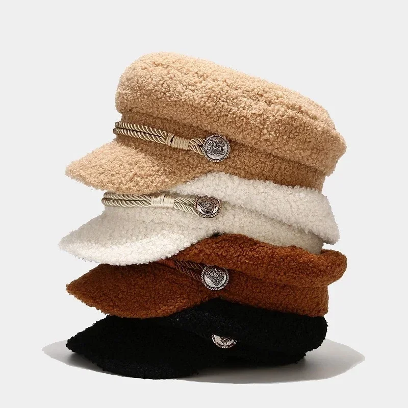 Fashion Lambswool Newsboy Cap Ladies Casual Keep Warm Flat Top Hat Female Autumn Winter Military Cap Women