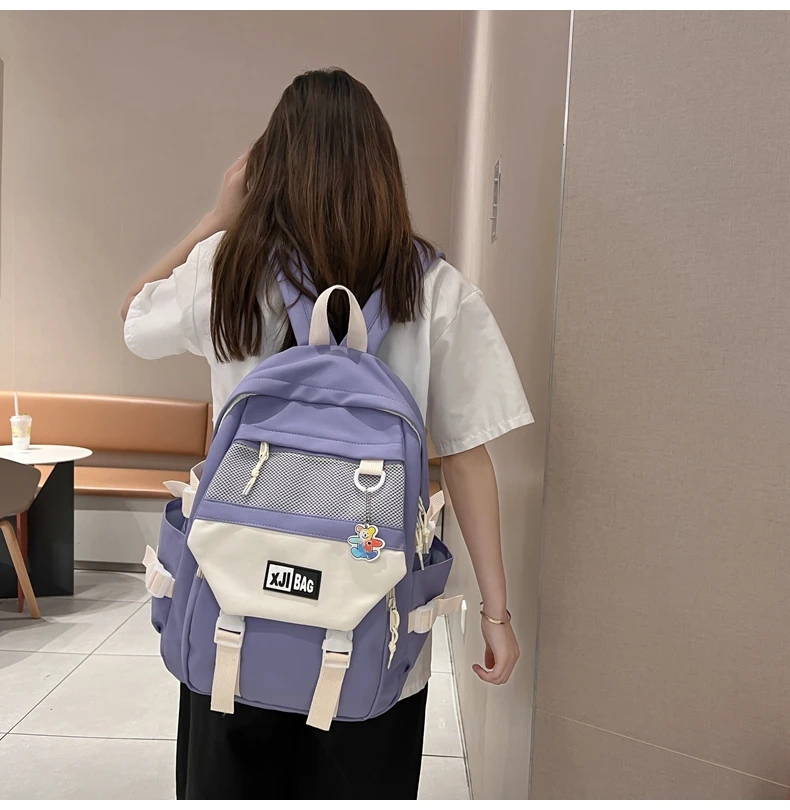 DCIMOR New Nylon Women Backpack Female Mesh Pocket Travel Bag Lady Fashion Schoolbag for Girl Student Preppy Book Pack Kawaii