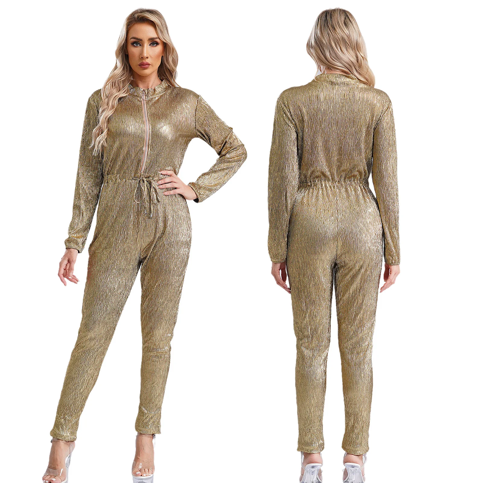 thumbnail image 1 of Mono metálico brillante para mujer, mono Disco Rave, ropa de discoteca de baile en barra, pantalones largos con cremallera frontal de manga larga, mono, 1 of 5