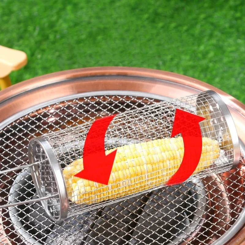 Portable Stainless Steel Barbecue Cages Grill Basket BBQ Basket Camping Picnic Cookware Outdoor Round Campfire Grid Rolling Grill Baske