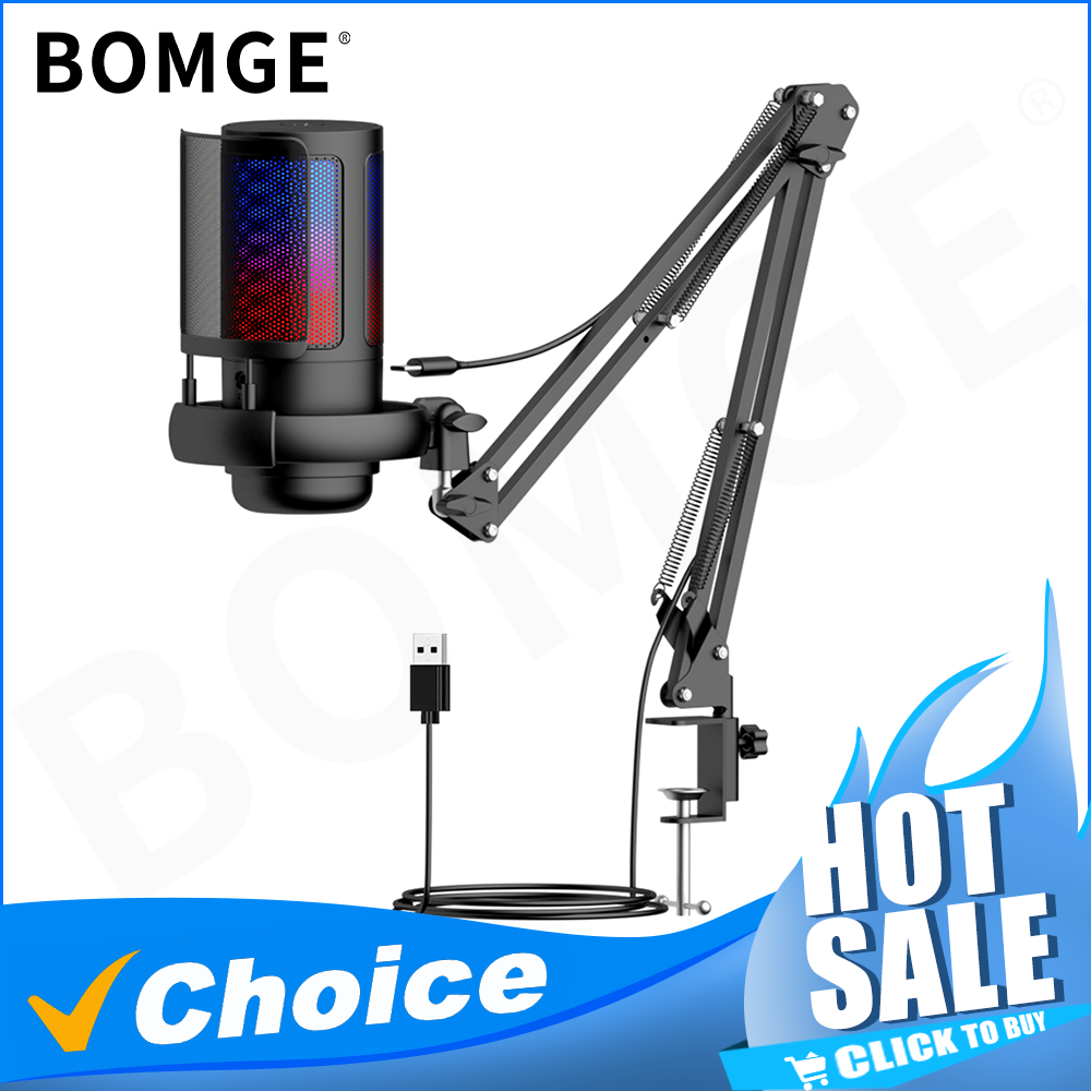 USB Condenser Microphone RGB Esports Game Call Recording Condenser Mic with Metal Boom Stand Desktop Mic for Studio Recording