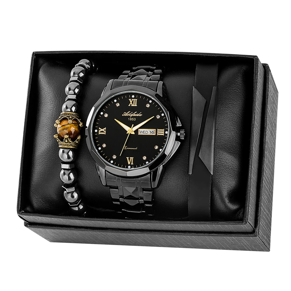 

Luxury Quartz Watch Men Fashion Business Black Roman Numeral Dial Calendar Watch Bracelet Set Gift for Boyfriend Reloj Hombre