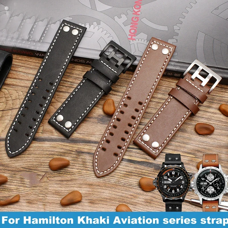 

20mm 22mm Genuine Leather Watch Strap Rivet Men Replacement Bracelet WatchBands For Hamilton Khaki Aviation H77755533 H77616533