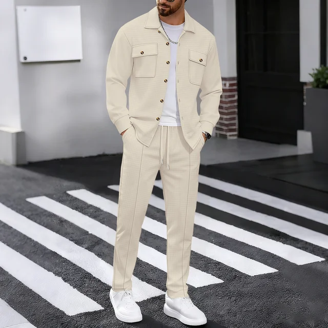 New Men's Four Seasons Outdoor Trendy Casual Waffle Solid Color workwear Button Pocket Coat Collar Top Pants Two Piece Set 1