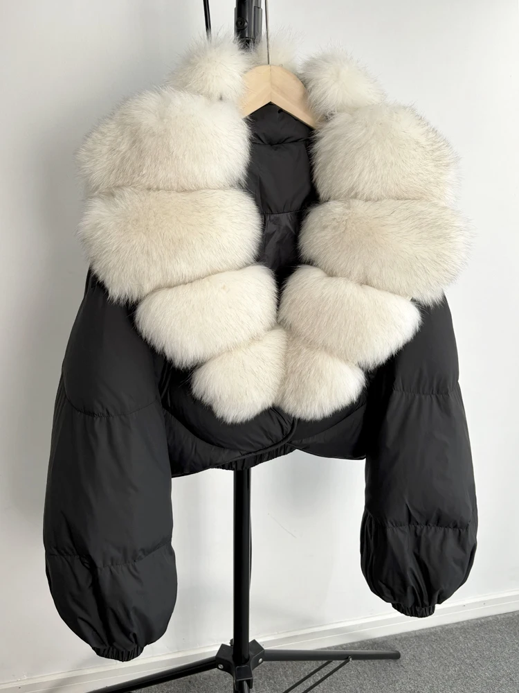 Janveny Real Fur Coat Women Luxury 2024 Winter 90% White Duck Down Jacket Super Big Natural Fox Fur Collar Female Puffer Parkas 3