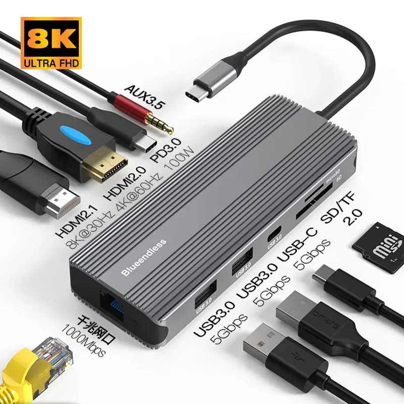 

Usb Hub 3.0 PD 100W Charging SD TF Reader 8K 4K HDMI Adapter Gigabit Ethernet Docking Station Type C Laptop Accessories