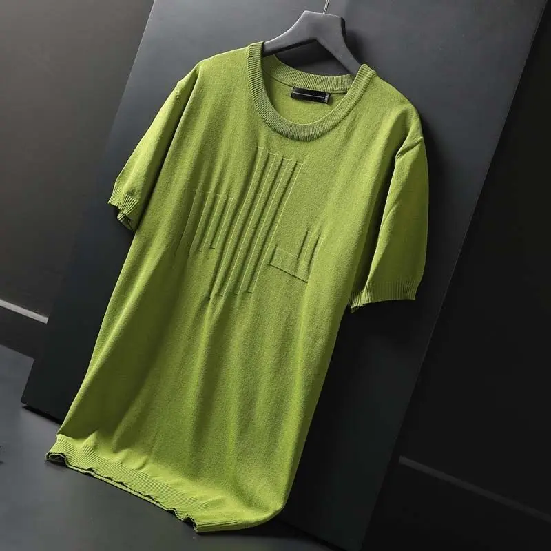 

2023 Summer Short Sleeve T Shirt Men Fashion Knitted Casual T-shirts Ice Silk Breathable Round Neck Tee Tops Streetwear A30