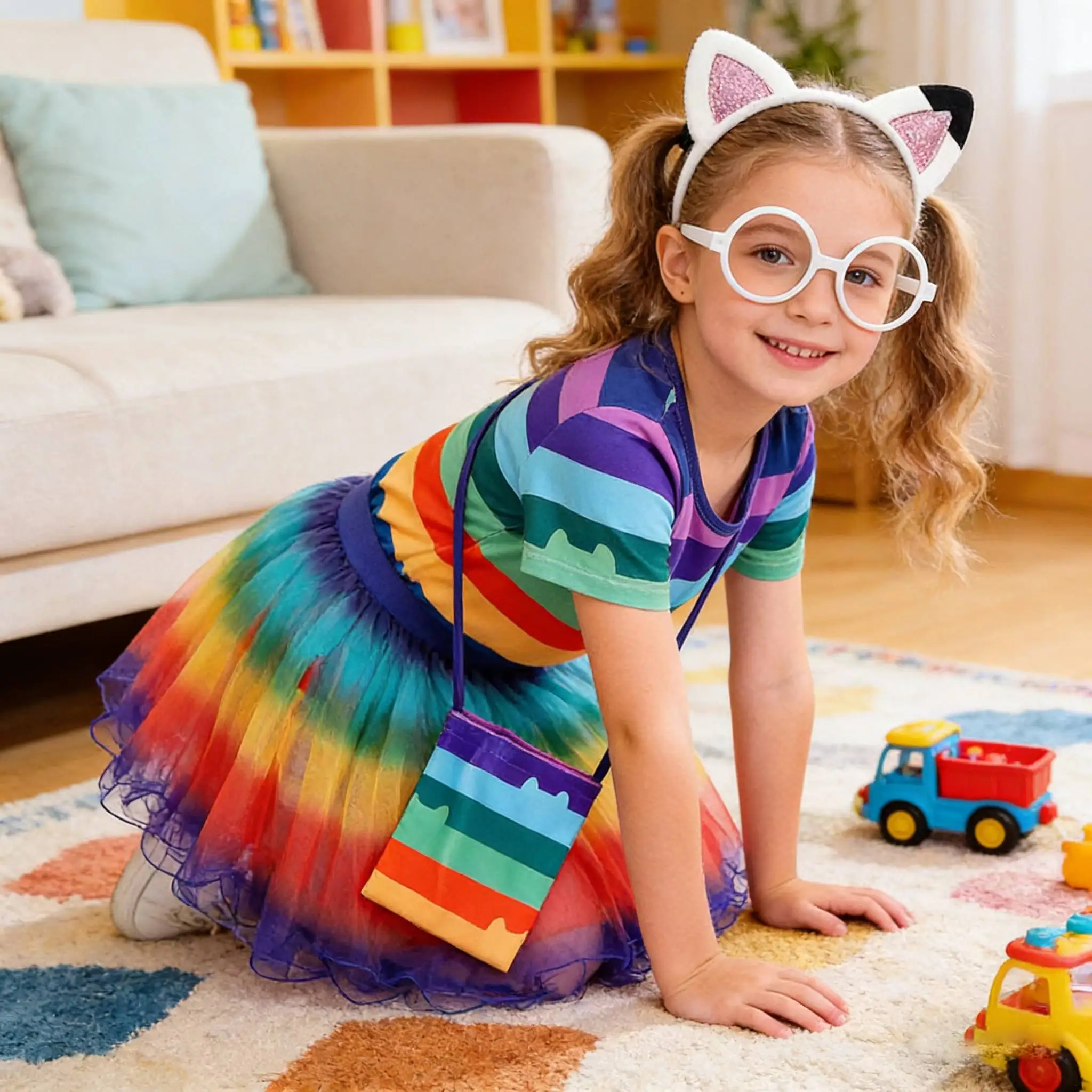 Regenbogen-T-Shirt, Rock, Tasche, Brillen-Sets, Kinder, Sommer, Mädchen, Katzen, Karneval, Kostüm, Geburtstag, Party, Kleidung, 4–10 Jahre