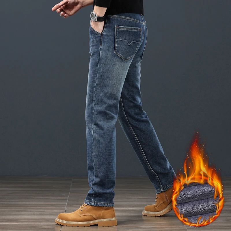 2024 Winter Warm Jeans Men's Fleece Thickened Slim Straight Trousers Fashion Stretch Cotton Casual Denim Pants Brand Clothes 3